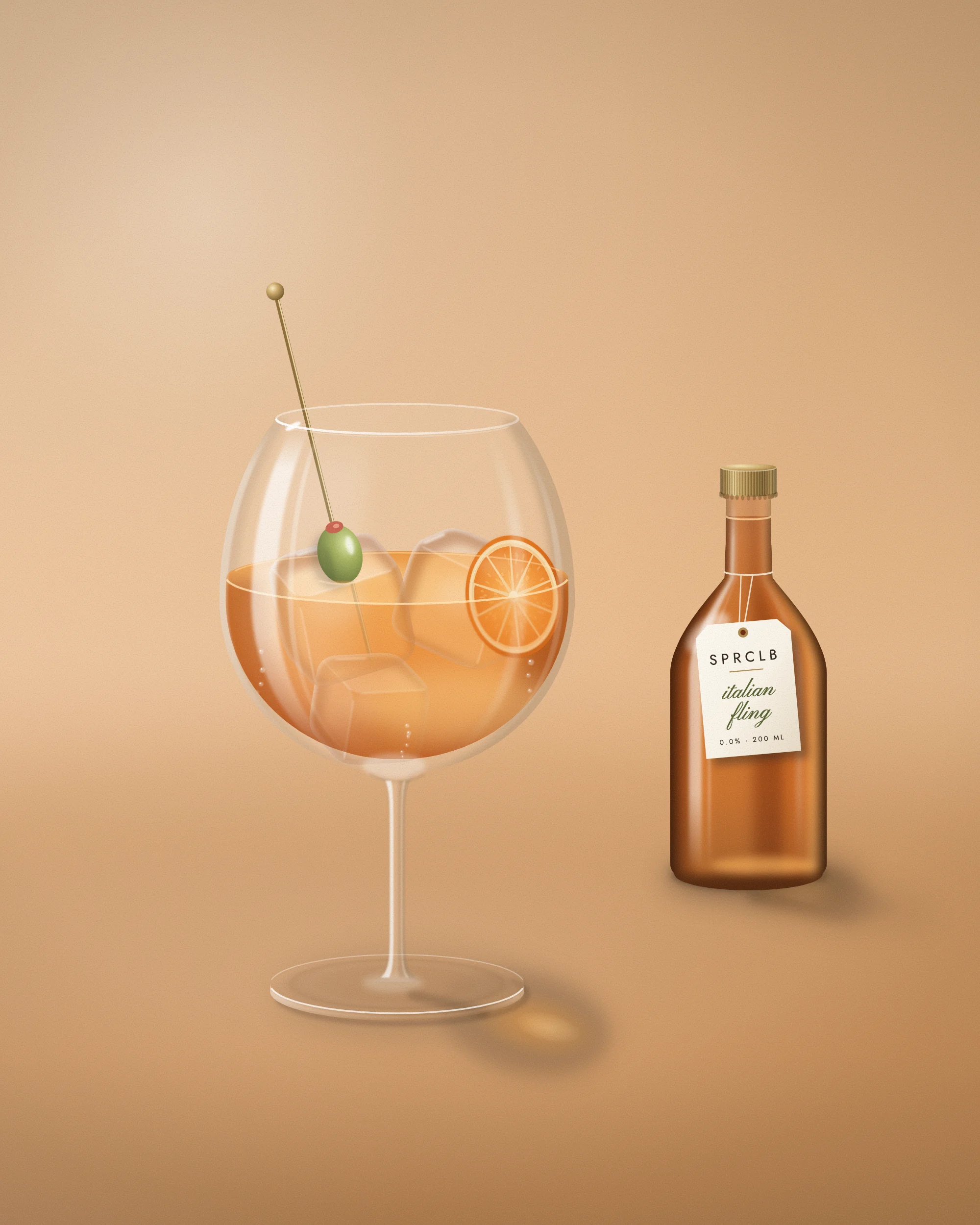 Italian Fling: an orange spritz in a balloon glass with ice, an orange wheel and an olive on a brass pick, beside a SPRCLB spritz bottle