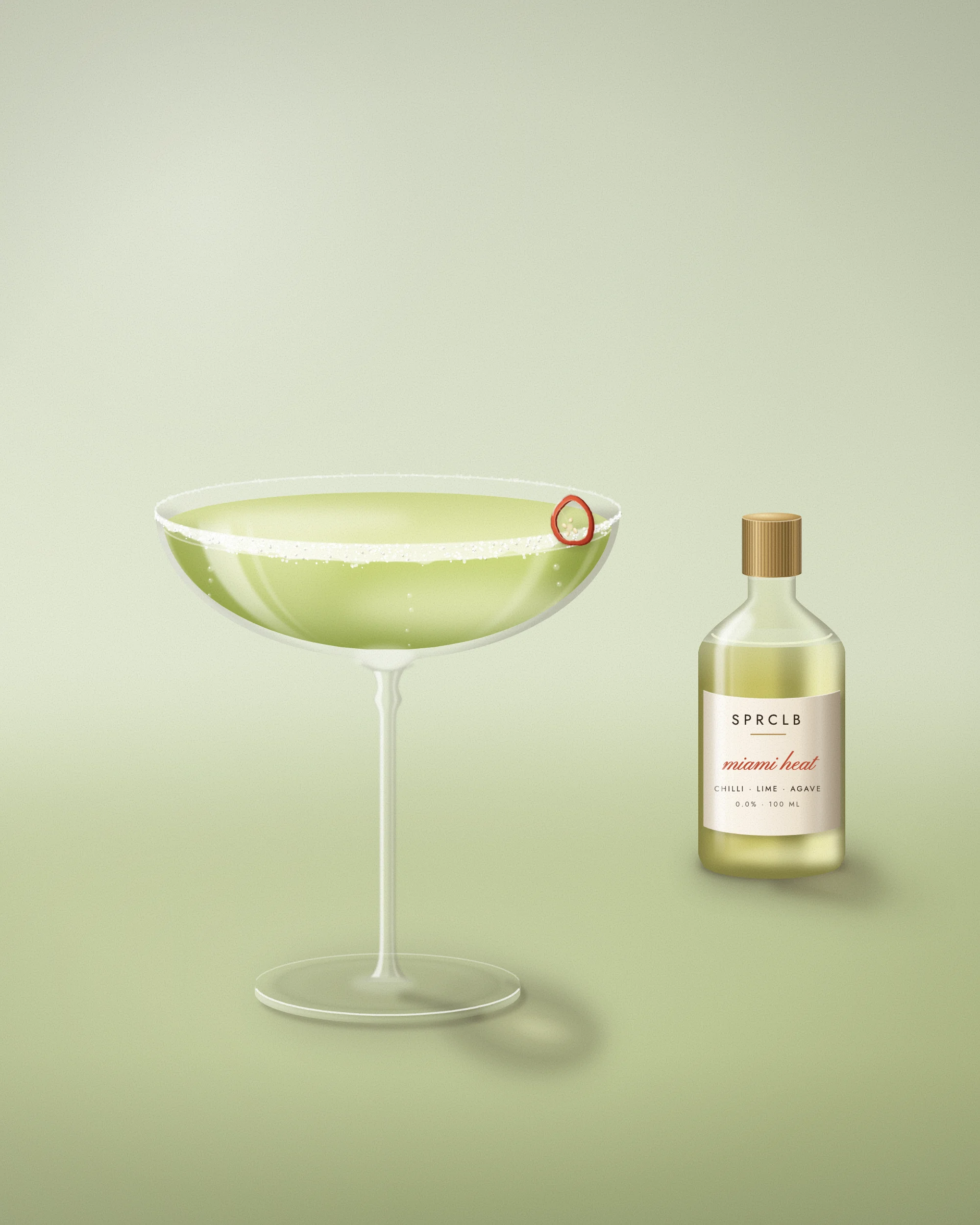 Miami Heat: a pale lime chilli cooler in a salt-rimmed coupe glass with a chilli slice, beside a SPRCLB syrup bottle