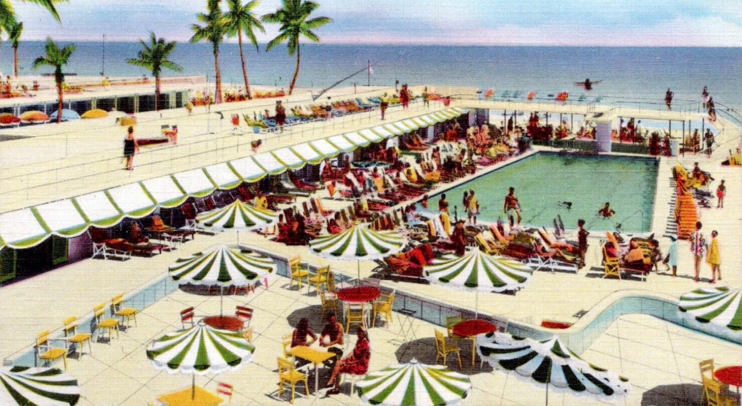 1950s postcard of the Nautilus Pool and Cabana Club, Miami Beach, with green and white striped umbrellas